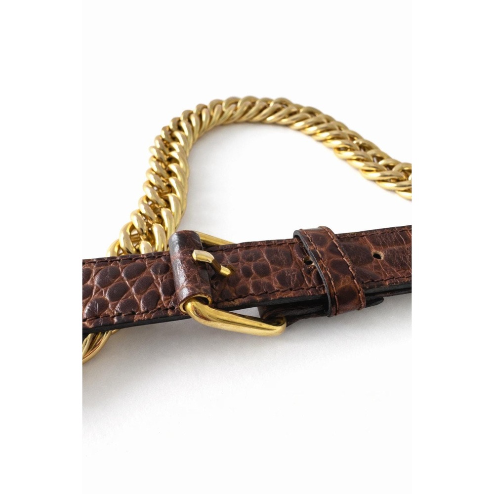 Vintage Italian Croc Embossed Leather Belt, Gold Chain Hardware